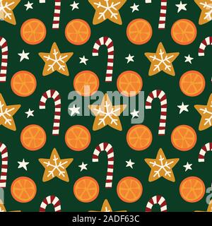 Les oranges, les cookies, les cannes de Noël vectoriel continu. Les épices d'hiver répétant l'arrière-plan. Dessinés à la main des objets isolés sur fond vert Illustration de Vecteur