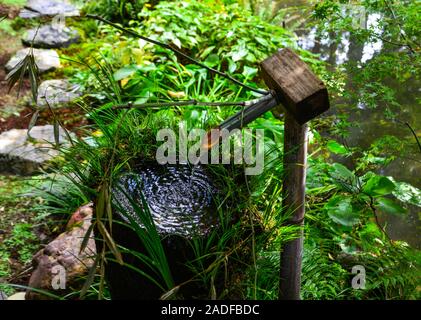 Un ancien bassin d'eau en pierre (tsukubai) avec bambou louche dans un jardin au Temple Sanzenin à Ohara, Kyoto, Japon. Banque D'Images