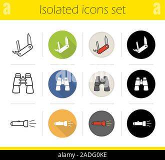 L'équipement de camping icons set. Modèle plat, linéaire, noir et couleurs. Canif multifonctionnel, jumelles, lampe de poche. Vecteur isolé illustrati Illustration de Vecteur