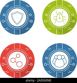 Cyber security design plat long shadow icons set. Les connexions numériques, virus, réseau social et à la sécurité informatique protection. Silhouette Vector illu Illustration de Vecteur