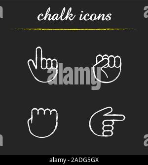 Les gestes de la main icons set de craie. Poing levé et pressé, les mains vers la droite et vers le haut. Illustrations vectorielles chalkboard Illustration de Vecteur