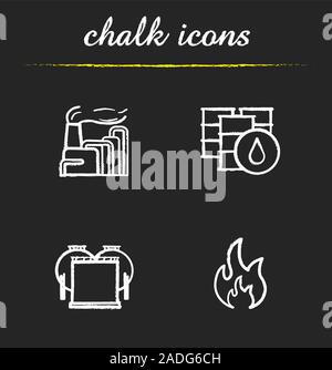 L'industrie de l'huile de la craie icons set. Usine Industrielle avec de la fumée, de barils et de stockage, inflammable signe. Illustrations vectorielles chalkboard Illustration de Vecteur