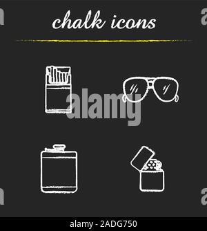 Chalk Men's icons set. Flasque d'alcool, paquet de cigarettes, des lunettes et d'un tableau plus clair. Illustrations vectorielles chalkboard Illustration de Vecteur