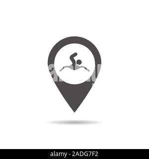 L'icône de localisation de la piscine. Ombre portée pointeur de carte silhouette symbole. Homme natation identifier. Plage à proximité. Vector illustration isolé Illustration de Vecteur