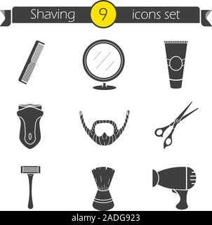 Icons set de rasage. Salon de coiffure d'ossature des symboles. Rasoir électrique, ciseaux et peigne, après crème de rasage, blaireau, miroir, sèche-cheveux et barbe. Illustration de Vecteur