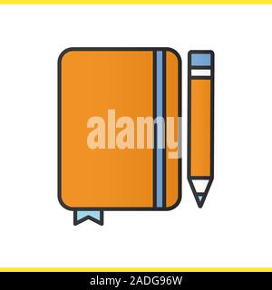 Ordinateur portable avec journal d'icône couleur crayon. Bloc-notes avec signet. Vector illustration isolé Illustration de Vecteur