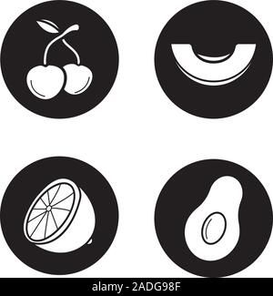 Icons set de fruits. Cerises, melon slice, moitié de citron, ouvrez l'avocat. Vector silhouettes blanc illustrations de cercles noirs Illustration de Vecteur