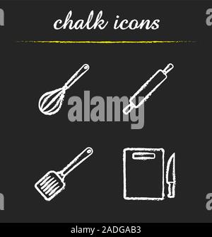 Craie cuisine icons set. Instruments de cuisson. Fouet, spatule, rouleau à pâtisserie et découper avec un couteau. Illustrations vectorielles chalkboard Illustration de Vecteur