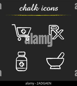 Chalk pharmacie icons set. Pharmacie, panier avec croix, signe rx pills, bouteille, mortier et pilon. Illustrations vectorielles chalkboard Illustration de Vecteur