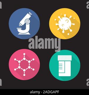 Science Laboratory plate ombre portée de l'icons set. Microscope, la structure des molécules et des virus, des tests de laboratoire médical jar. Silhouette Vector illustration Illustration de Vecteur