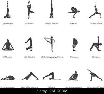 Postures de yoga icons set. Des asanas de yoga d'ossature des symboles. Sarvangasana, halasana, bakasana, uttanasana, siddhasana, vrikshasana, trikonasana, virabhadrasa Illustration de Vecteur