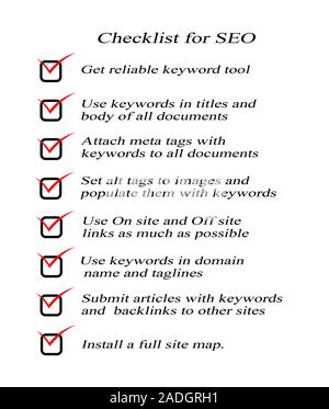 Présentation de liste de contrôle de SEO Banque D'Images