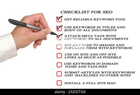 Présentation de liste de contrôle de SEO Banque D'Images