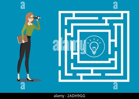 Femme d'affaires avec des jumelles à l'idée de labyrinthe avec ampoule.Cartoon vector design concept illustration. Illustration de Vecteur