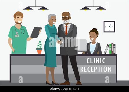 Old african american couple en clinique,réception avec réceptionniste et médecin. télévision cartoon vector illustration Illustration de Vecteur