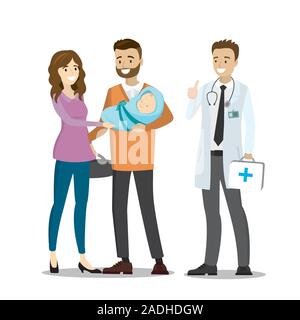 Amour couple avec bébé nouveau-né et médecin,isolé sur fond blanc,cartoon vector illustration Illustration de Vecteur