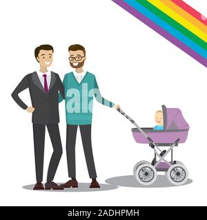 Heureux couple gay love concept. Le mariage homosexuel de deux hommes et de bébé dans une poussette. Cartoon vector illustration Illustration de Vecteur