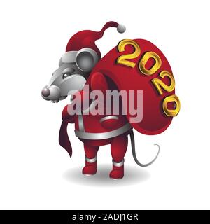 Caractère de la souris animal au Père Noël avec sac de jouets costume blanc sur fond isolé. Image vectorielle Illustration de Vecteur