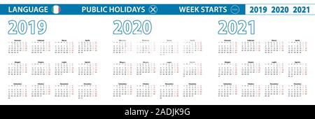 Modèle de calendrier simple en italien pour 2019, 2020, 2021 ans. De début de la semaine à partir de lundi. Vector illustration. Illustration de Vecteur