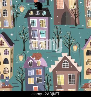 Maisons de ville hiver transparente, les chats, et les arbres. Ville conviviale sous de conte de neige. Fond vecteur de Noël Illustration de Vecteur