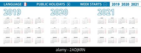 Modèle de calendrier simple en français pour 2019, 2020, 2021 ans. De début de la semaine à partir de lundi. Vector illustration. Illustration de Vecteur