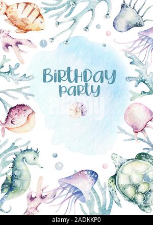 Aquarium Animaux Mer Bebe Joyeux Anniversaire De L Affiche Aquarelle Bleu Ocean Poisson Tortue Baleine Et Corail Arriere Plan De L Aquarium Du Shell Marine Nautique Photo Stock Alamy