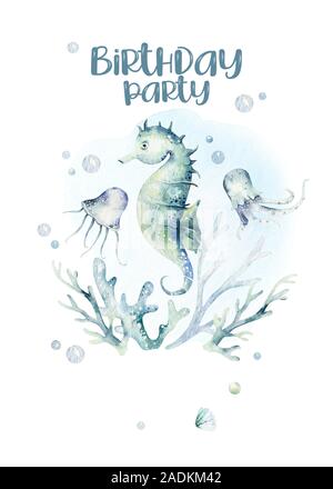 Aquarium Animaux Mer Bebe Joyeux Anniversaire De L Affiche Aquarelle Bleu Ocean Poisson Tortue Baleine Et Corail Arriere Plan De L Aquarium Du Shell Marine Nautique Photo Stock Alamy