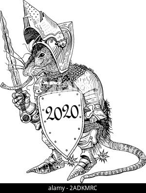 Rat en armure de chevalier médiéval avec un bouclier. Symbole de la Nouvelle Année 2020 - Année d'un fer à repasser rat. Hand drawn illustration pour la carte de vœux, invitation, poster Illustration de Vecteur