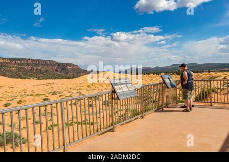 L'homme sur le pont d'observation à Coral Pink Sand Dunes State Park, près de Kanab, Utah Banque D'Images