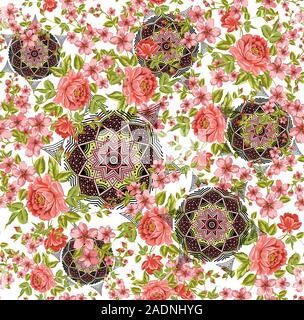 Des roses rose sans fin transparent avec motif design mandala géométrique. Formes géométriques traditionnelles sur fond blanc Illustration de Vecteur