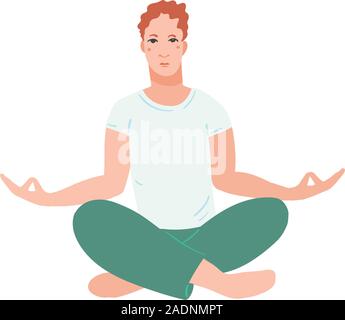 Les jeunes beaux hommes effectuant l'exercice de yoga. Personnage masculin assis dans la posture du lotus, à la méditation La méditation vipassana. Fille avec jambes croisées isolés. Télévision couleur vector illustration Illustration de Vecteur