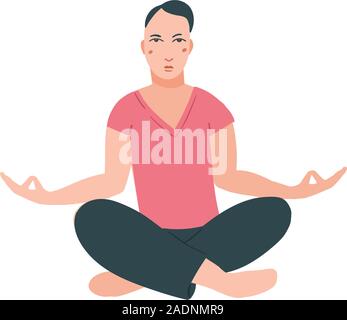 Les jeunes beaux hommes effectuant l'exercice de yoga. Personnage masculin assis dans la posture du lotus, à la méditation La méditation vipassana. Garçon avec jambes croisées isolés. Télévision couleur vector illustration Illustration de Vecteur