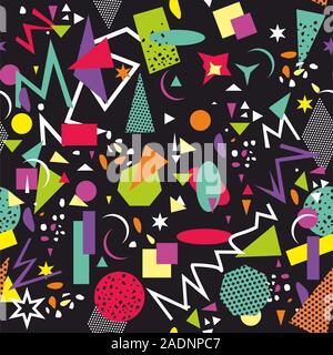 Géométrique multicolore motif rétro isolé sur fond noir. Couleur transparente des formes chaotiques. - Vector Illustration de Vecteur