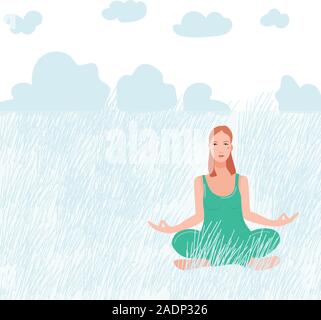 Jolie Jeune femme assise sur la nature et l'exécution de l'exercice de yoga. Personnage féminin assis dans la posture du lotus, à la méditation La méditation vipassana. Fille avec jambes croisées télévision isolés. Illustration de Vecteur