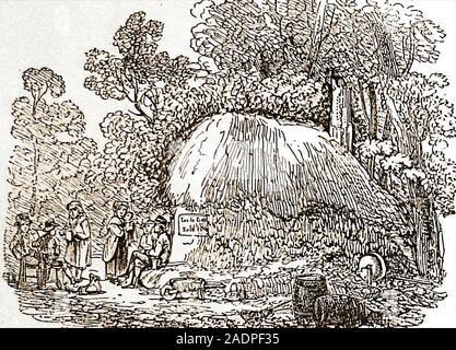 Les familles pauvres d'une auto-construction de chalets de boue qu'une fois (c1800) se tenait dans Hagbush Lane, Londres, Royaume-Uni. Les résidents de la bière vendue à partir de leur porte pour gagner leur vie. Hagbush Lane était une ancienne bridleway sur une route principale de Londres, au nord via un péage à Highgate Banque D'Images