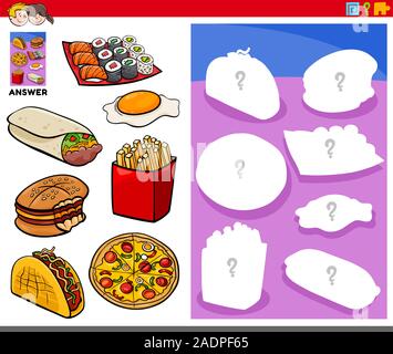 Cartoon Illustration d'objets de correspondance et la bonne forme ou Silhouette aux objets alimentaires jeu éducatif pour les enfants Illustration de Vecteur
