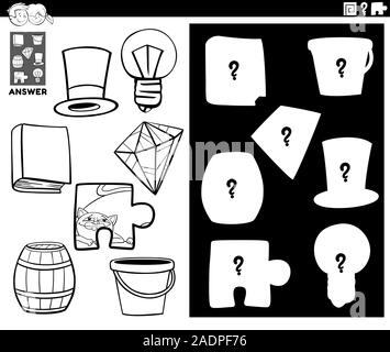 Cartoon noir et blanc Illustration d'objets de comparaison et la bonne forme ou Silhouette avec des objets jeu éducatif pour enfants Page de coloriage Illustration de Vecteur