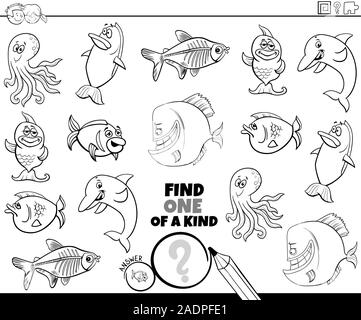 Illustration Cartoon noir et blanc de trouver un d'une sorte Photo jeu éducatif avec drôle Sea Life personnages animaux Page à colorier Illustration de Vecteur