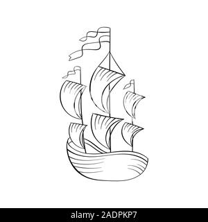 Voilier noir et blanc illustration vectorielle. Ancien navire de voiles et les drapeaux de l'esquisse pour livre à colorier. Bateau Vintage sur les vagues la gravure. Logo de l'agence de voyage. Élément de design de l'affiche de la tournée Voyage Illustration de Vecteur