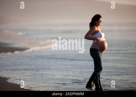 Femme enceinte sur plage avec chien. Banque D'Images