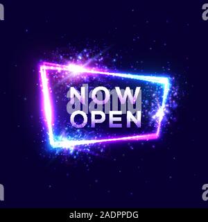 Ouvrez maintenant signer sur fond bleu foncé. Neon light design de bannières de particules 3d lettres stars sparkles. Cadre Rectangle avec la couleur des lumières. B Illustration de Vecteur