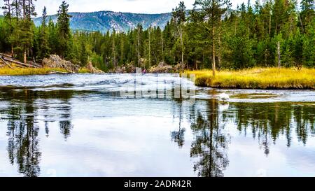 La rivière Firehole juste en amont de la chaîne des Cascades dans le Parc National de Yellowstone, Wyoming, USA Banque D'Images