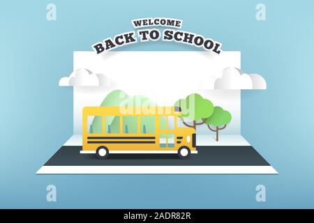 Carte de bus scolaire papier exécuté sur la route, le retour à l'école concept. Illustration de Vecteur