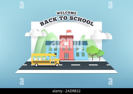 Carte de papier de l'école et bus en marche sur la route, le retour à l'école concept. Illustration de Vecteur