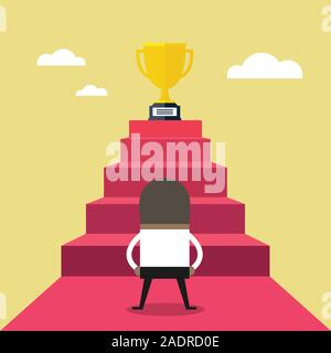 African businessman standing in front of escalier qui mène le trophée, Raccourci vers la réussite. Illustration de Vecteur