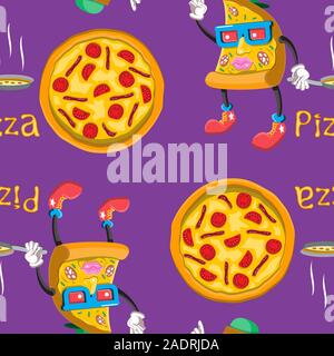 Fond violet transparente avec pièce de caractère enjoué de pizza et une grande pizza avec la signature. Image vectorielle. Illustration de Vecteur