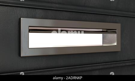 Un concept de droit d'un gros plan d'une porte ouverte sur un volet lettre isolé sur fond blanc - 3D render Banque D'Images