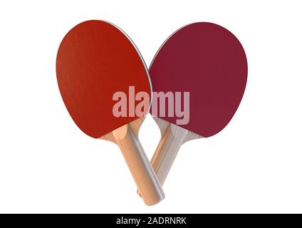 Un ensemble de deux palettes de ping-pong en bois avec rembourrage rouge sur un fond blanc isolé studio - 3D render Banque D'Images