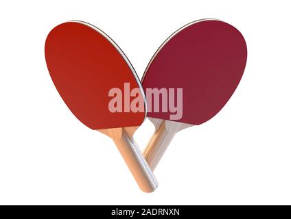 Un ensemble de deux palettes de ping-pong en bois avec rembourrage rouge sur un fond blanc isolé studio - 3D render Banque D'Images