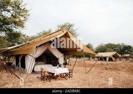 JUN 22, 2011 Serengeti, Tanzanie - camp de tentes Safari de luxe dans la savane du Serengeti Grumeti game drive réserve forestière - Glamping voyages en Afrique wi Banque D'Images